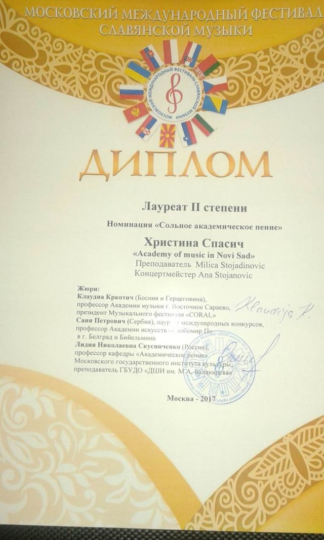 Diploma Milica Stojadinovic Moskav