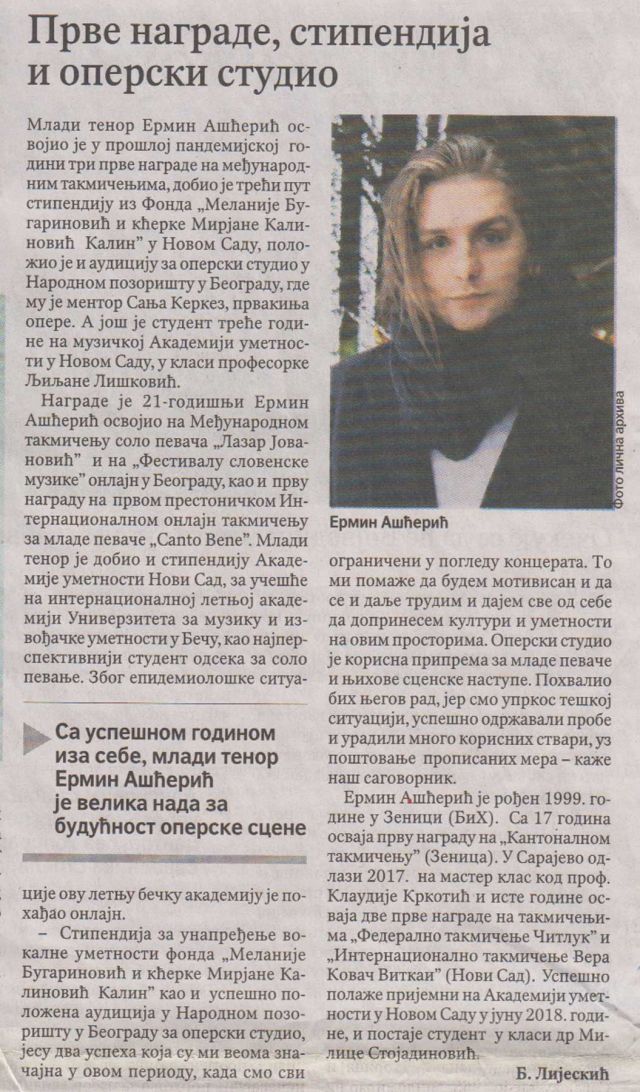 8.1.2021. Politika - Prve nagrade, stipendija i operski studio